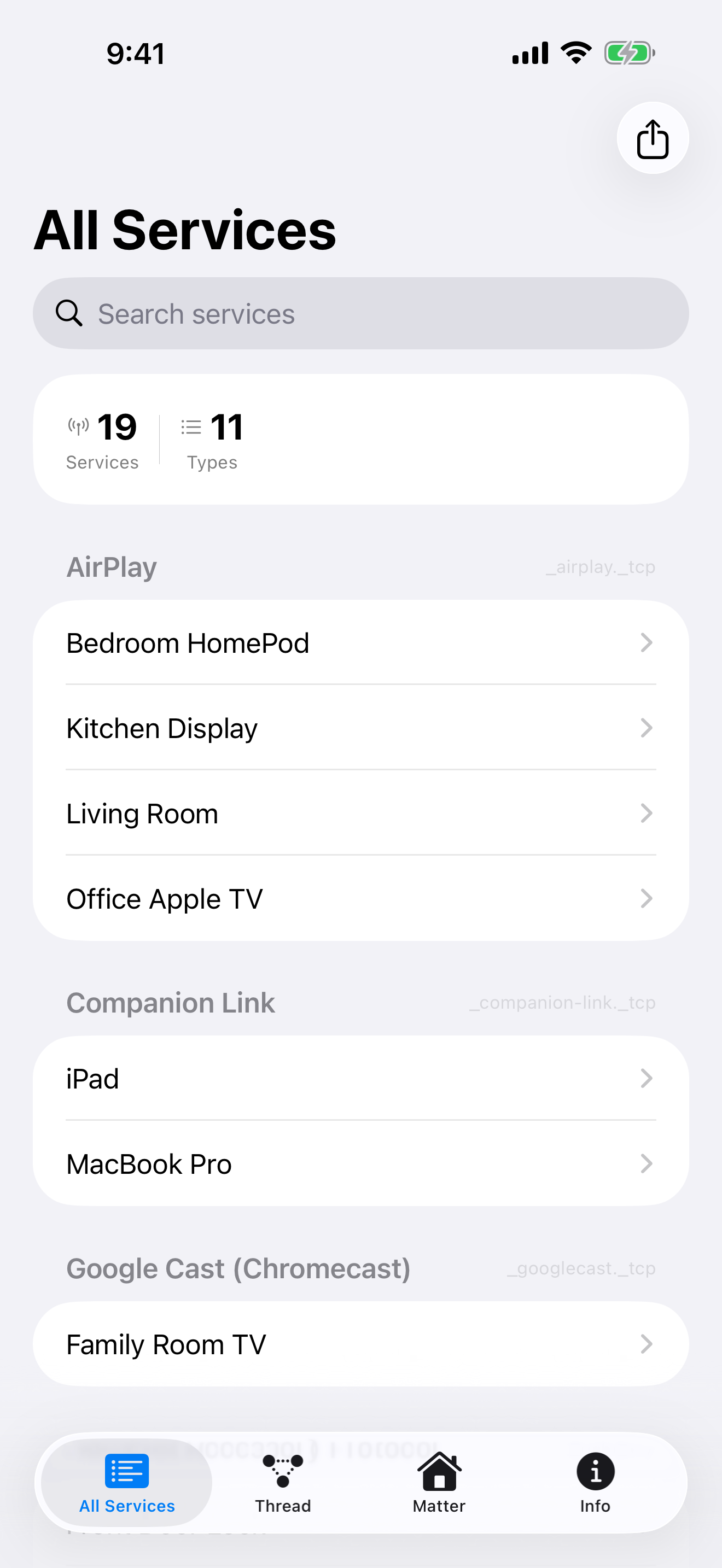 Herald All Services screen showing 65 discovered Bonjour services